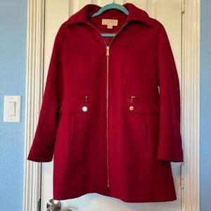 Michael Kors Red Zip Front Wool Blend Petite Pea Coat Detachable Hood 6P
